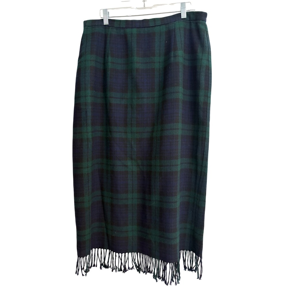 Briggs New York Midi Skirt 14/16 Green Plaid Tartan Wool Fringe Preppy